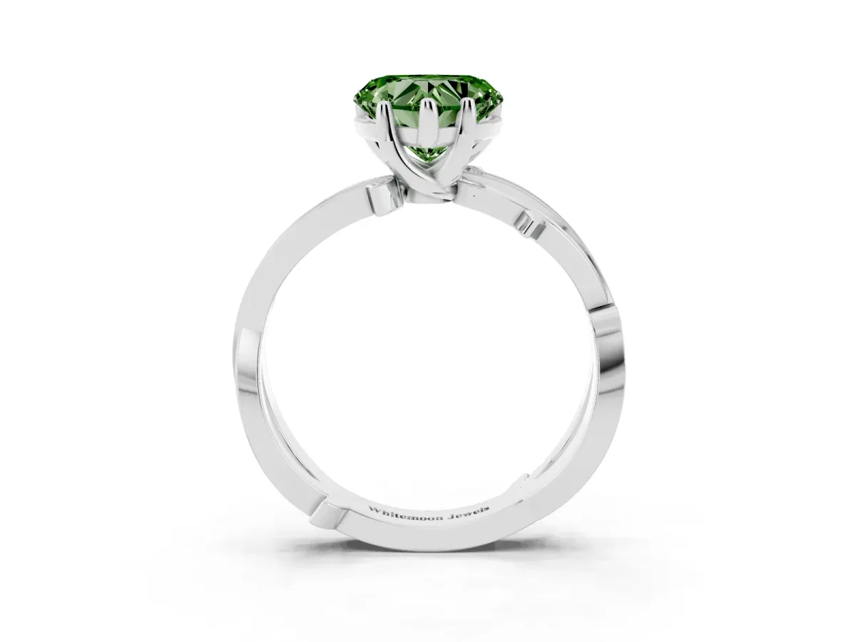 Fancy Green Heart Cut Solitaire Twist Band with Pavé Accents and Four-Prong Setting Silver
