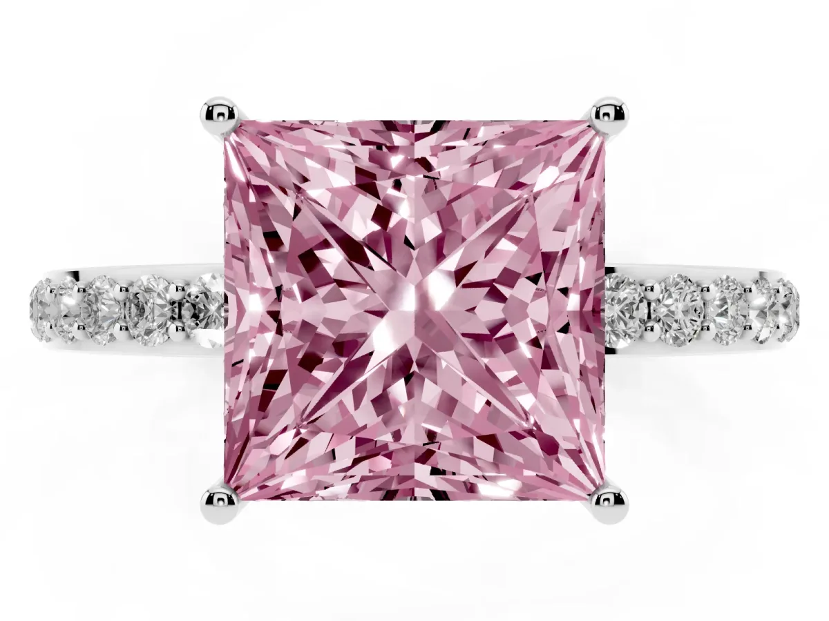 Fancy Pink Princess Cut Diamond Solitaire Ring with Pavé Band and Hidden Halo Silver