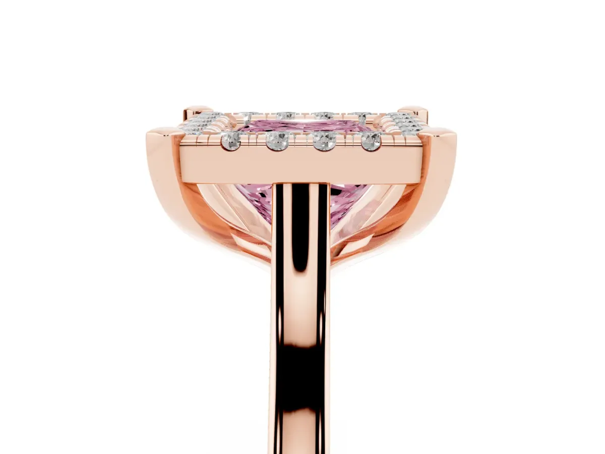 Fancy Pink Princess Cut Diamond Cluster Halo Solitaire with Four-Prong Setting Rose gold