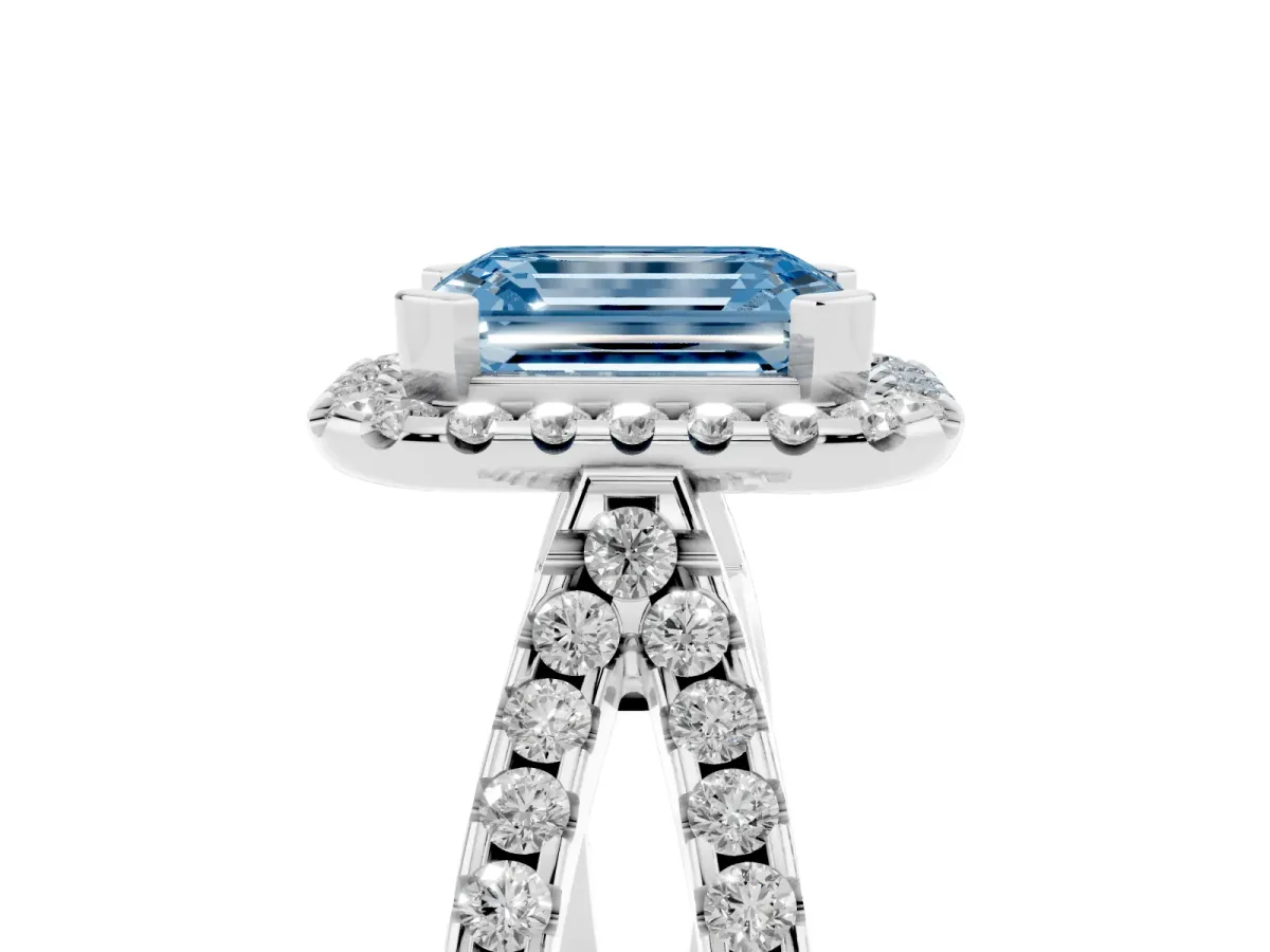 Fancy Blue Emerald Cut Diamond Halo Ring with Split Shank Pavé Band and Prong Setting Silver