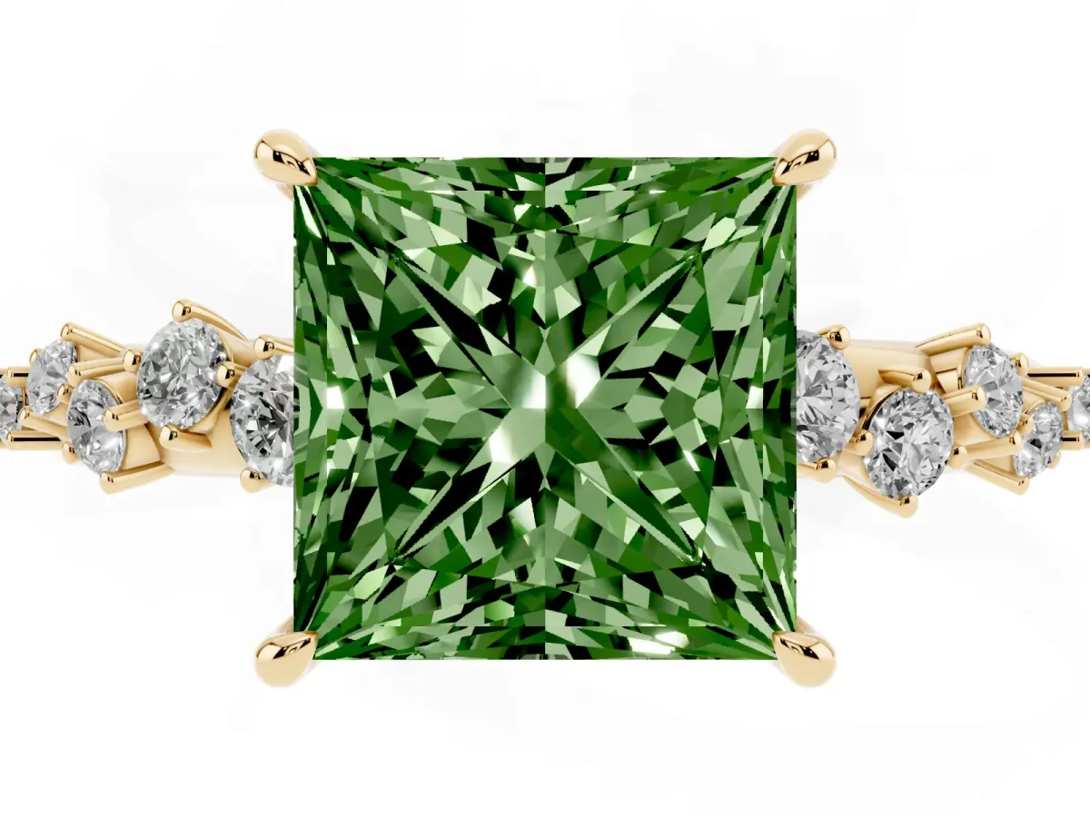 Fancy Green Princess Cut Diamond Cluster Side Stone Solitaire Ring with Prong Setting Yellow gold