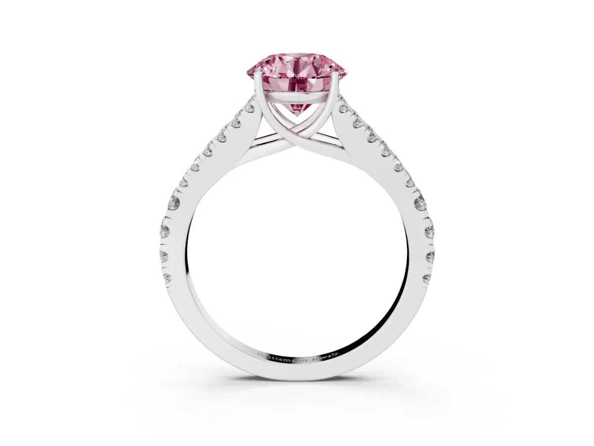 Fancy Pink Round Cut Diamond Split Shank Engagement Ring with Round Pavé and Prong Setting Silver