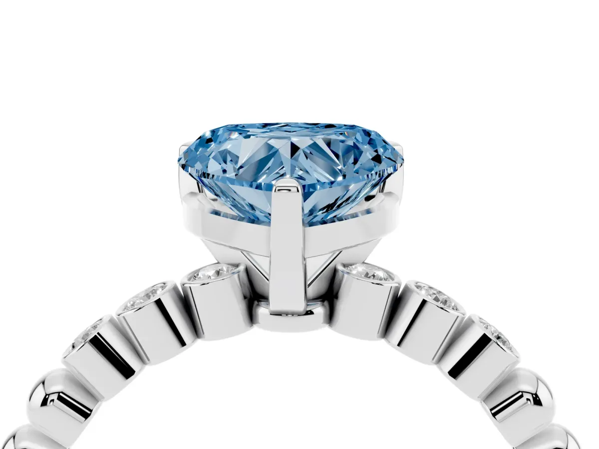 Fancy Blue Heart Cut Solitaire Bezel Accent Diamond Engagement Ring with Beaded Band and Four-Prong Setting Platinum