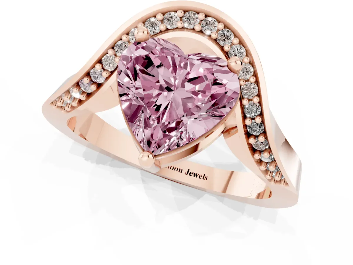 Fancy Pink Heart Cut Solitaire Diamond Engagement Ring with Pave Band and Four-Prong Setting Rose gold