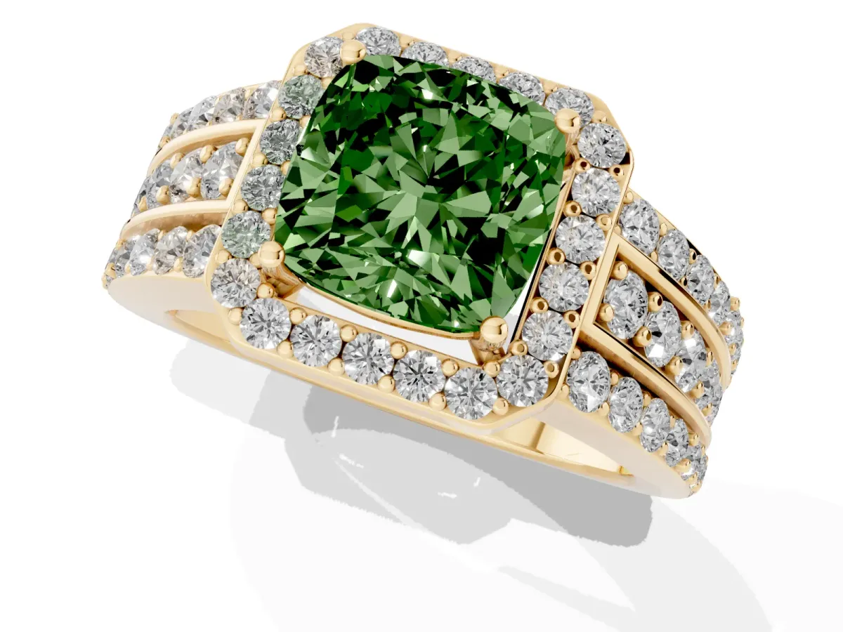 Fancy Green Cushion Cut Halo Diamond Ring with Round Split Shank and Prong Setting Yellow gold