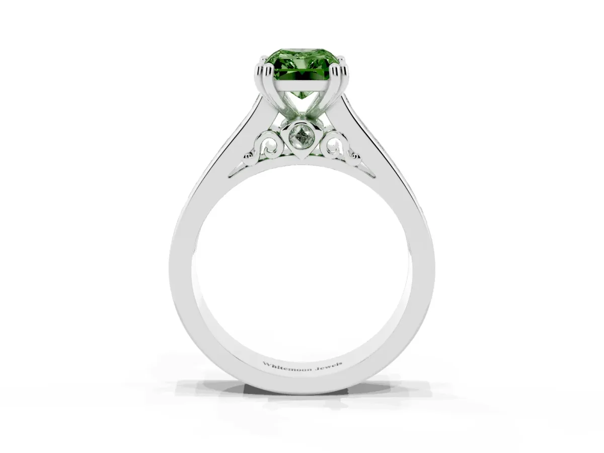 Fancy Green Radiant Cut Cut Channel Set Solitaire Engagement Ring with Prong Setting Silver