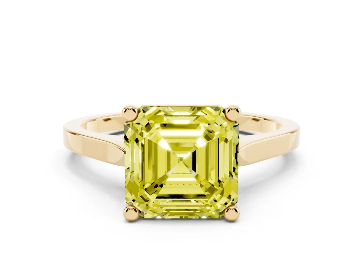Fancy Yellow Asscher Cut Solitaire Diamond Ring with Four-Prong Setting and Tapered Band Yellow gold