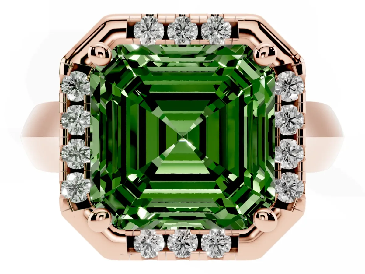 Fancy Green Asscher Cut Cut Halo Solitaire Engagement Ring with Square Band and Four-Prong Setting Rose gold
