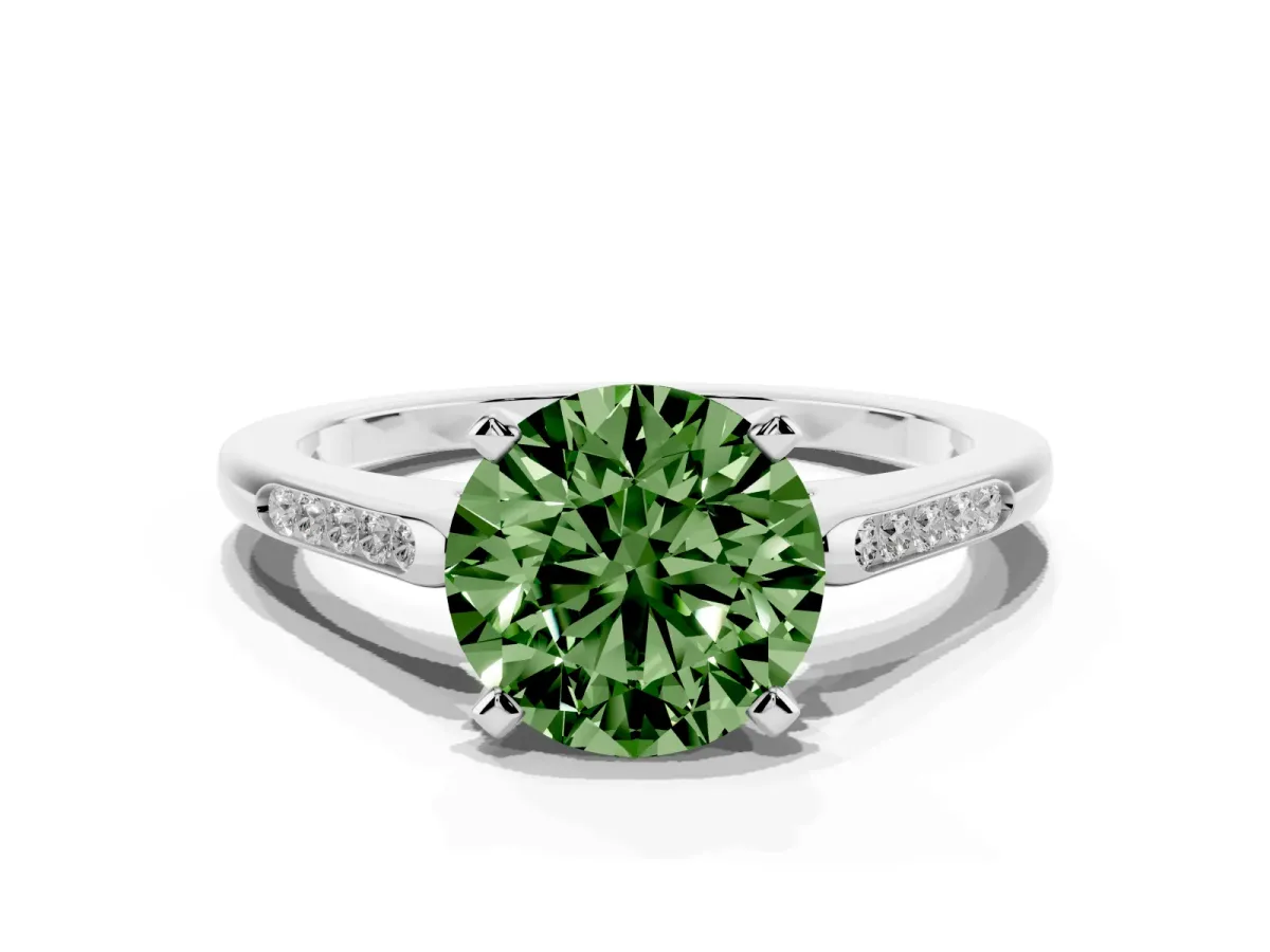 Fancy Green Round Cut Diamond Solitaire Ring with Channel Set Round Band and Prong Setting Silver