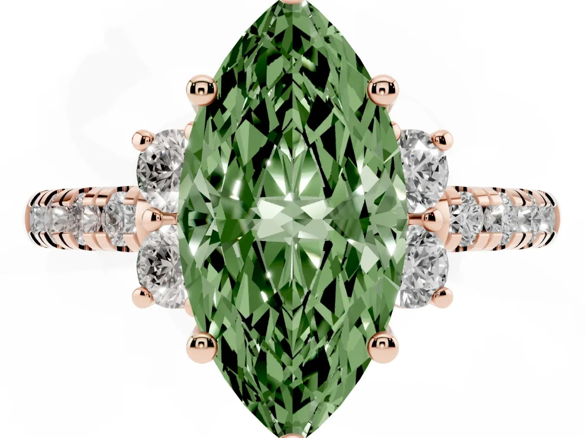 Fancy Green Marquise Cut Diamond Three-Stone Pave Band with Four-Prong Setting Rose gold