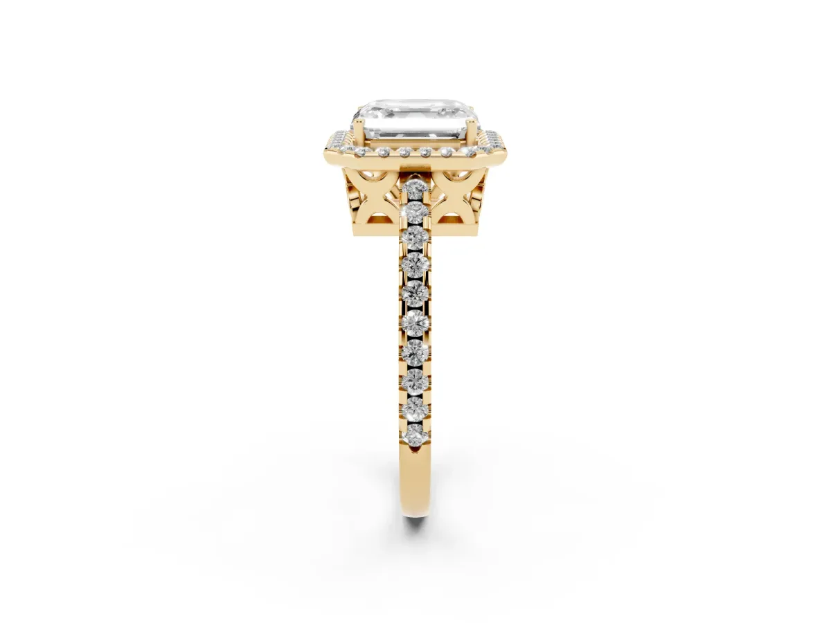 Asscher Cut Diamond Halo Engagement Ring with Pavé Band and Prong Setting Yellow gold