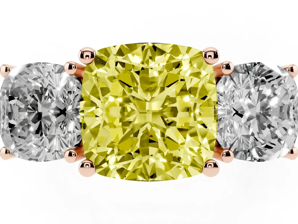 Fancy Yellow Three-Stone Cushion Cut Cut Diamond Engagement Ring with Flat Band and Four-Prong Setting Rose gold