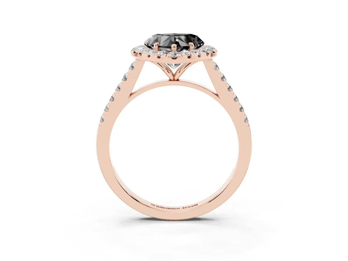 Fancy Black Heart Cut Halo Pave Diamond Engagement Ring with Four-Prong Setting Rose gold