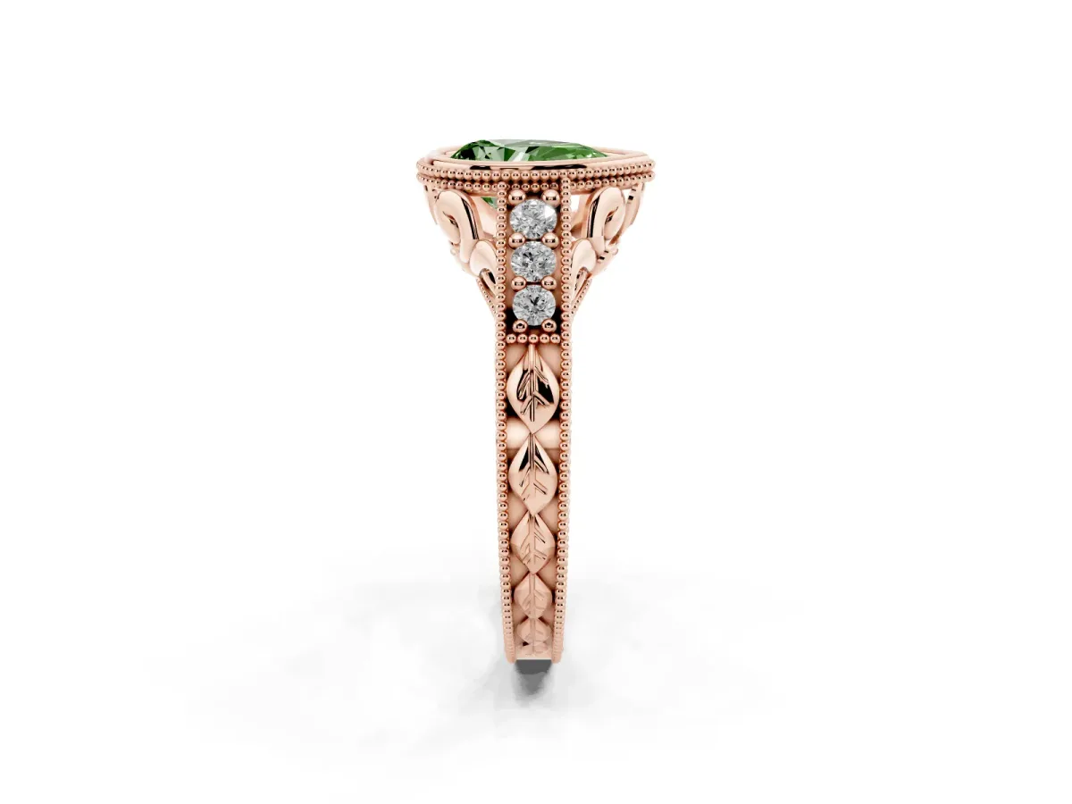 Fancy Green Bezel Set Pear Cut Diamond Milgrain Pave Engagement Ring Rose gold