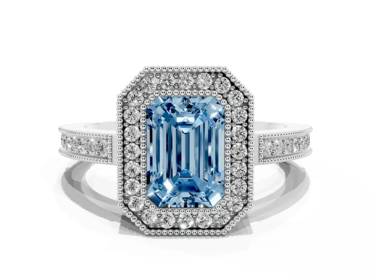 Fancy Blue Emerald Cut Cut Halo Diamond Ring with Pavé Band and Milgrain Prong Setting Platinum