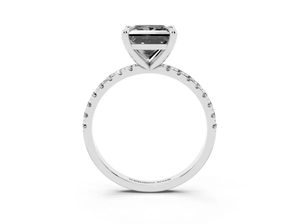 Fancy Black Princess Cut Diamond Brilliant Solitaire Ring with Pavé Band and Four-Prong Setting White gold