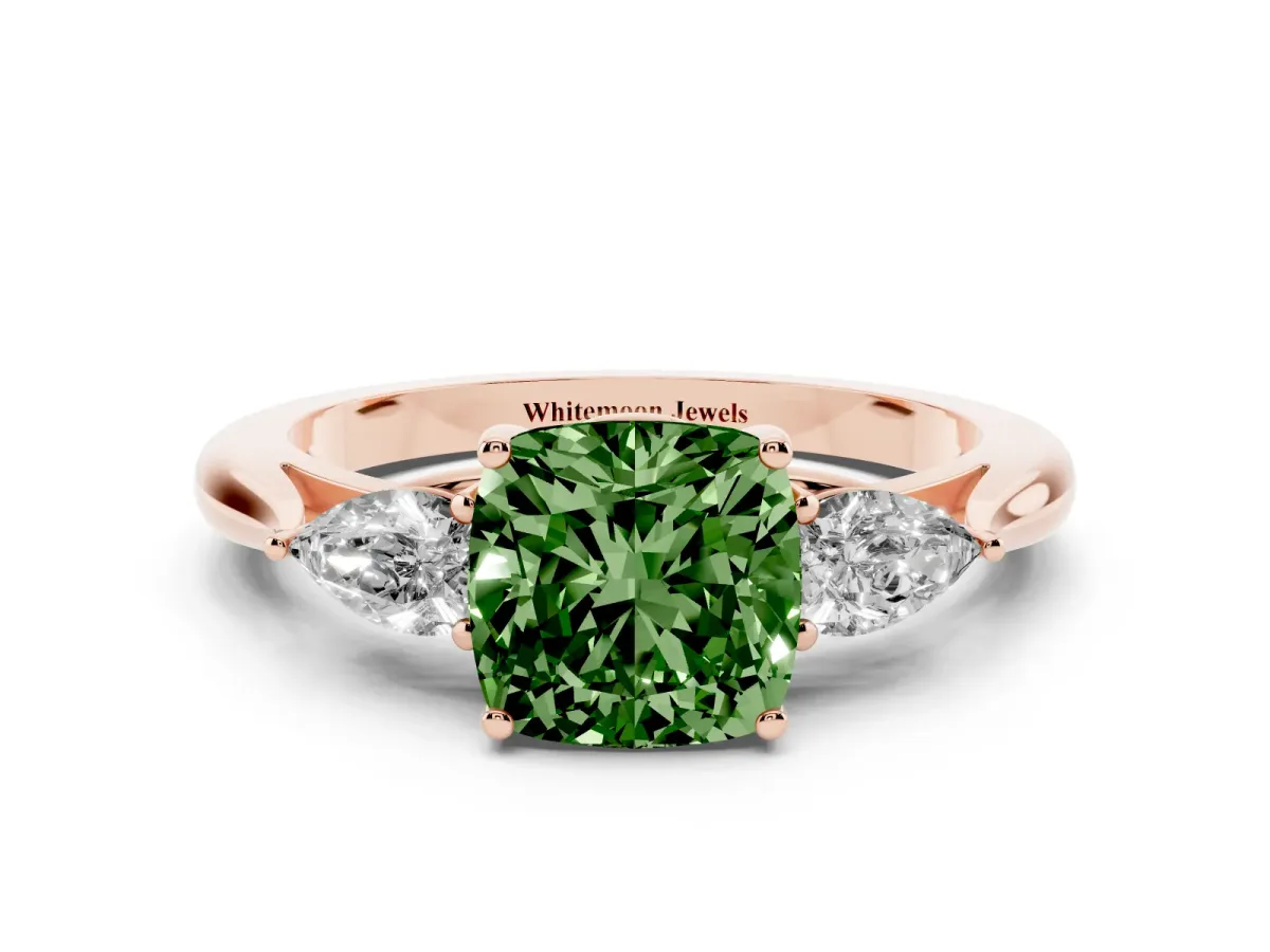 Fancy Green Cushion Cut Diamond Three-Stone Ring with Pear Side Stones and Prong Setting Rose gold