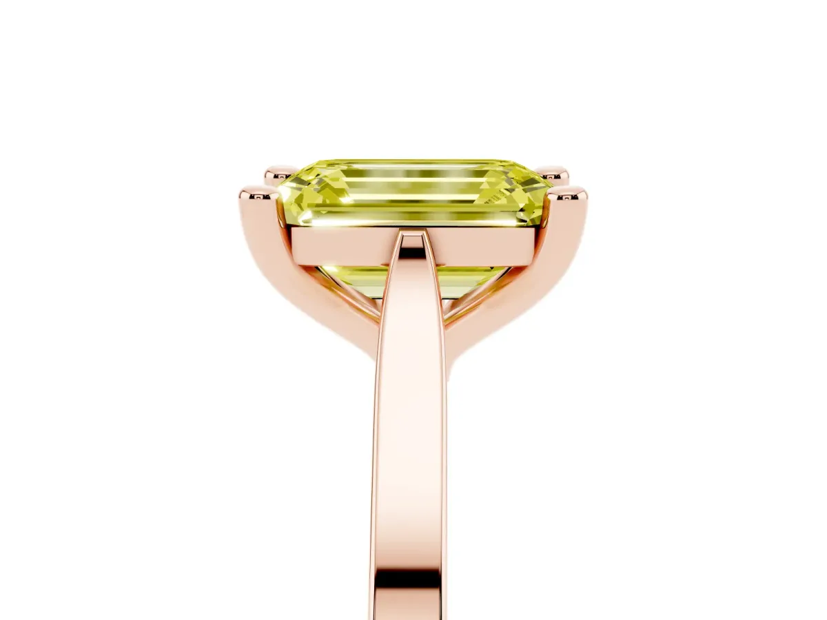 Fancy Yellow Emerald Cut Solitaire Diamond Ring with Four-Prong Setting and Tapered Band Rose gold
