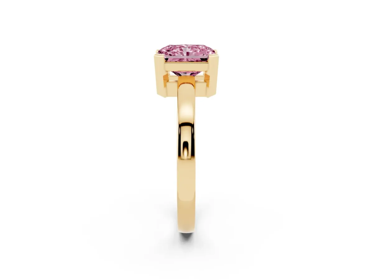 Fancy Pink Radiant Cut Cut Solitaire Ring with Four-Prong Setting and Classic Band Yellow gold