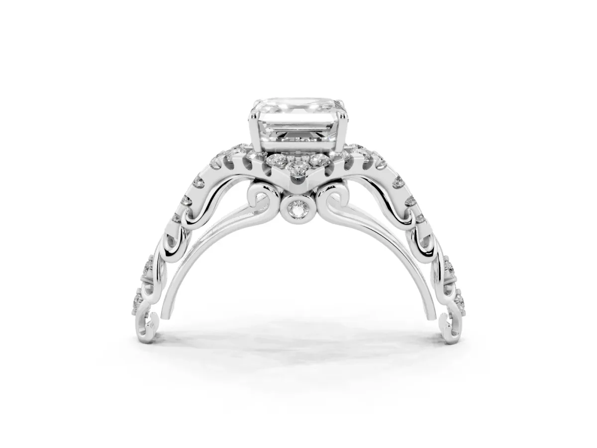 Asscher Cut Diamond Solitaire Ring with Hidden Halo and Pavé Band Platinum