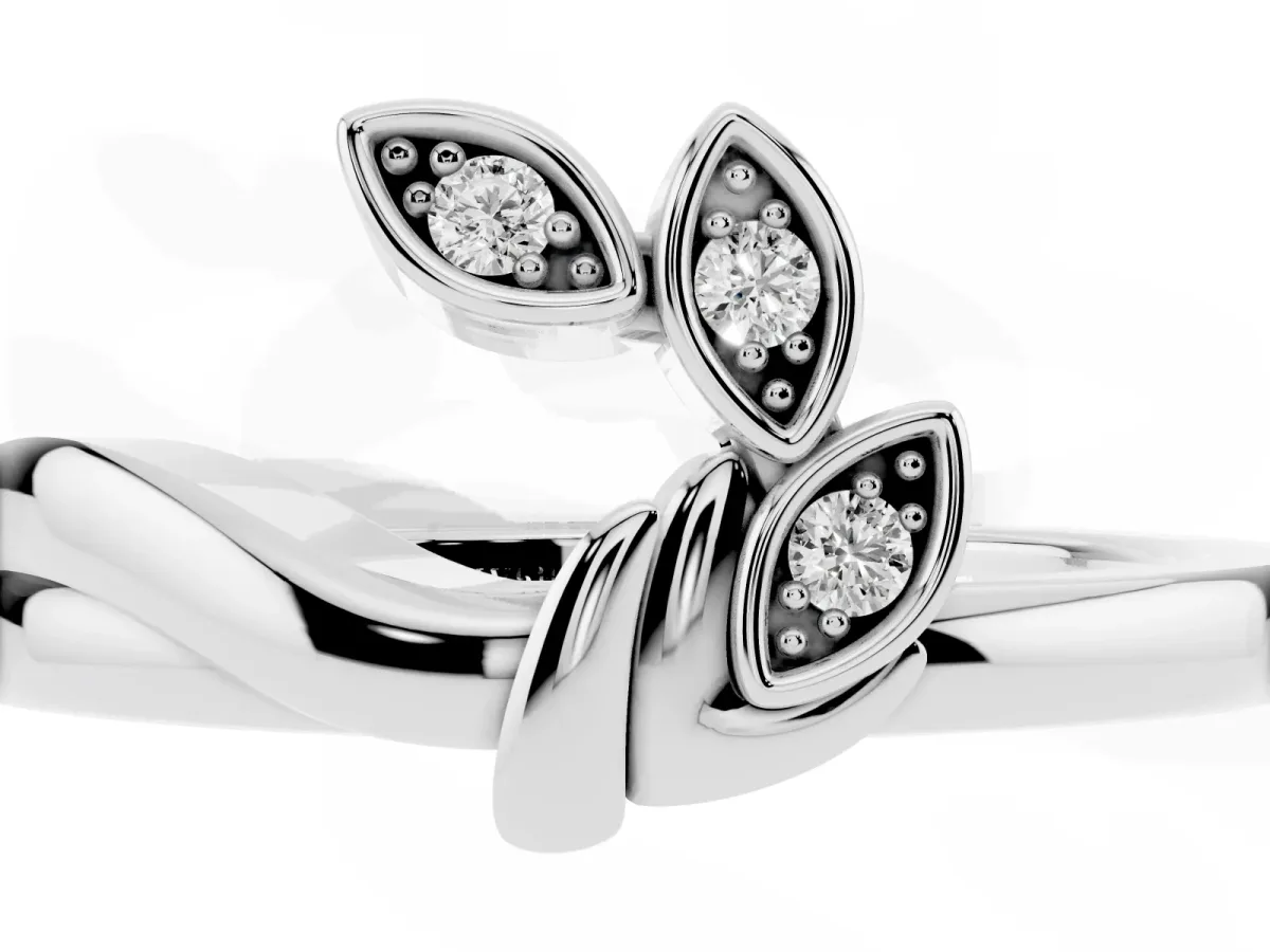 Three-Stone Round Diamond Leaf Bypass Ring with Bezel Setting Platinum