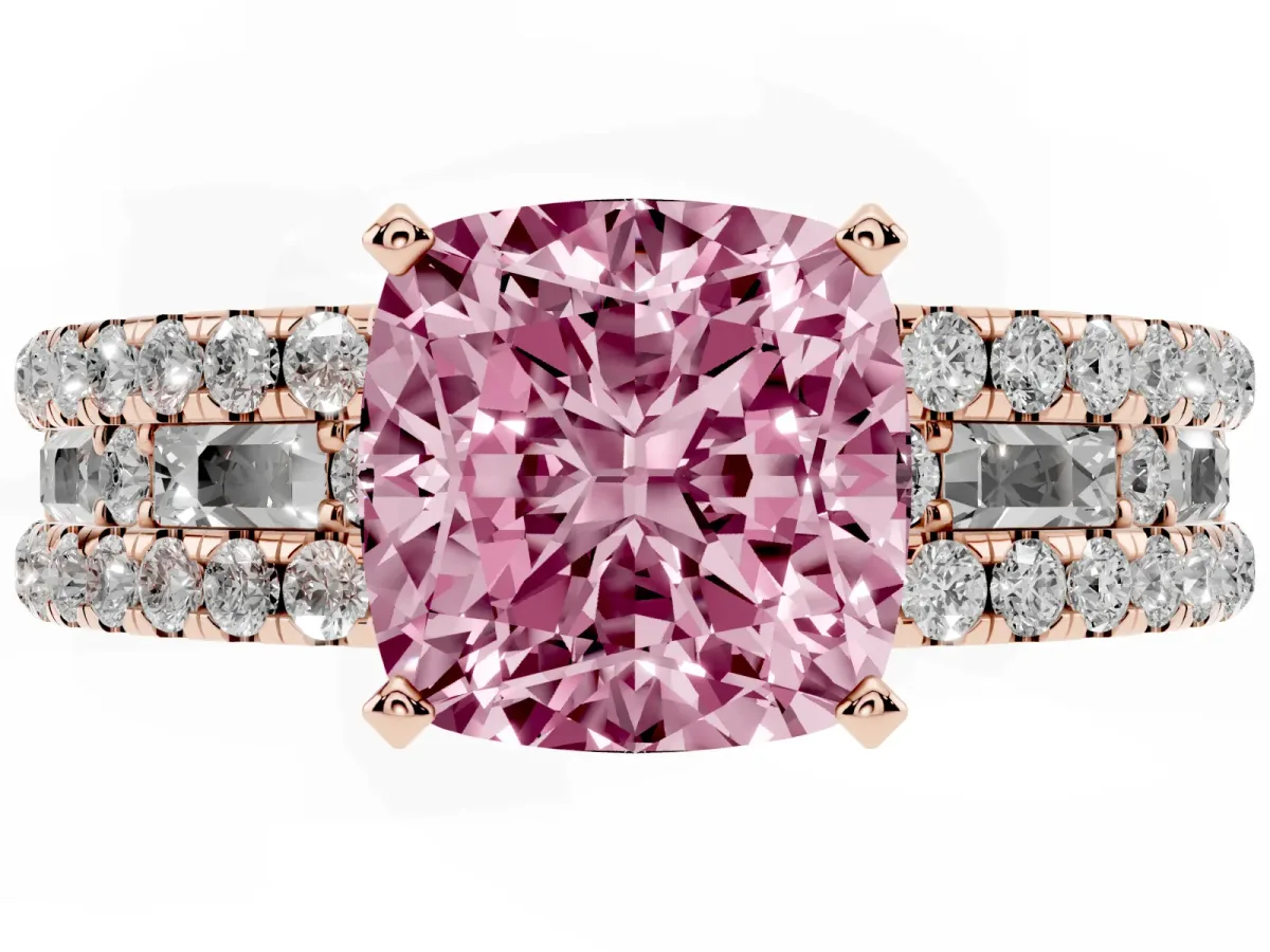 Fancy Pink Cushion Cut Diamond Solitaire Ring with Pavé and Channel Set Band Rose gold