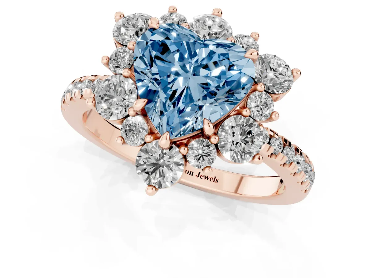 Fancy Blue Heart Cut Diamond Floral Halo Ring with Round Pavé Band and Prong Setting Rose gold