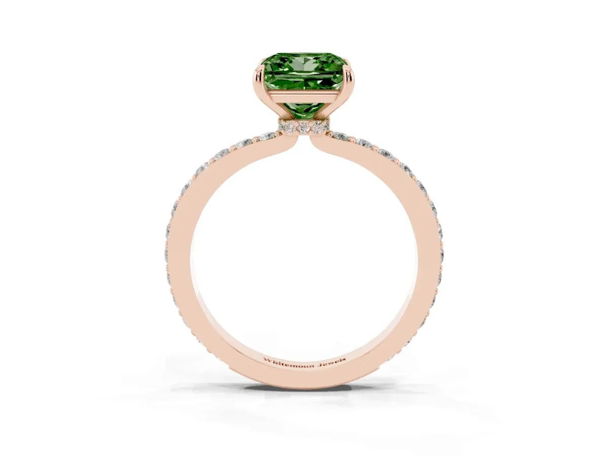 Fancy Green Princess Cut Diamond Pavé Engagement Ring with Round Accents and Prong Setting Rose gold