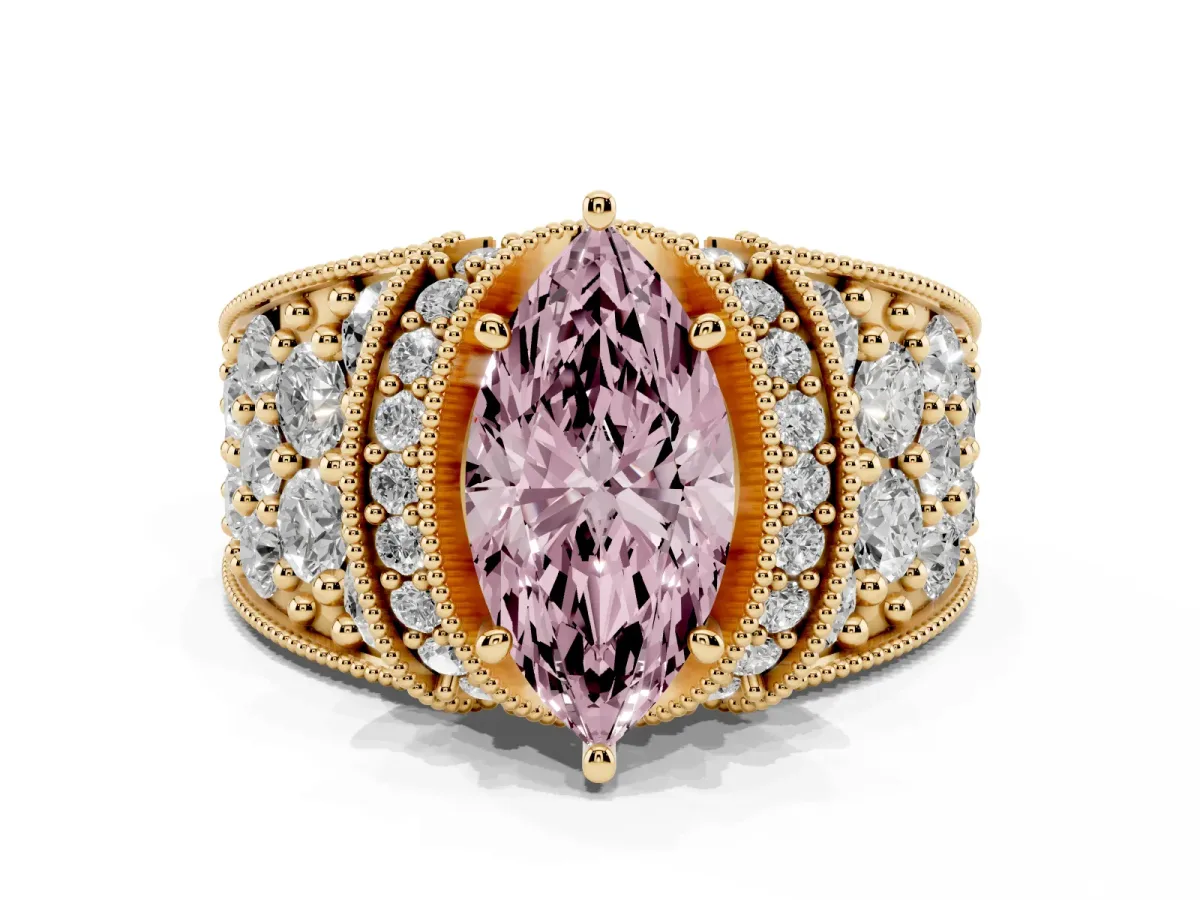 Fancy Pink Marquise Cut Halo Pave Diamond Engagement Ring with Milgrain Detailing Yellow gold