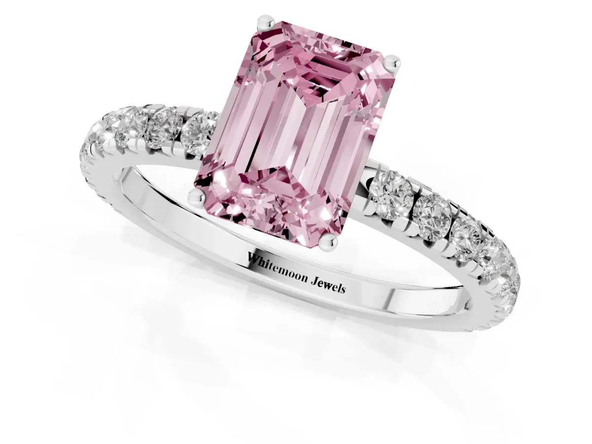 Fancy Pink Emerald Cut Diamond Pavé Solitaire Engagement Ring with Four-Prong Setting Silver