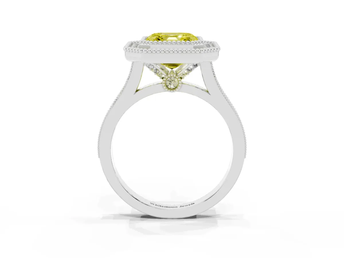 Fancy Yellow Asscher Cut Diamond Halo Ring with Milgrain Frame and Pavé Band White gold