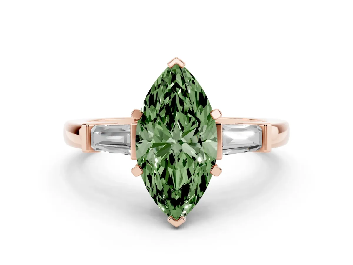 Fancy Green Marquise Cut Cut Diamond Solitaire Ring with Tapered Baguette Accents and Four-Prong Setting Rose gold