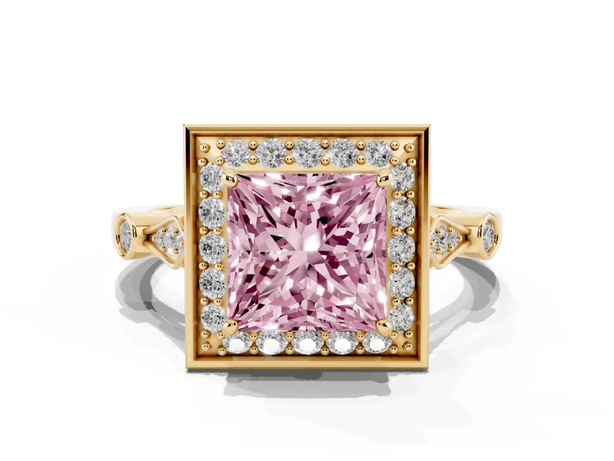 Fancy Pink Princess Cut Halo Diamond Engagement Ring with Twisted Band and Four-Prong Setting Yellow gold