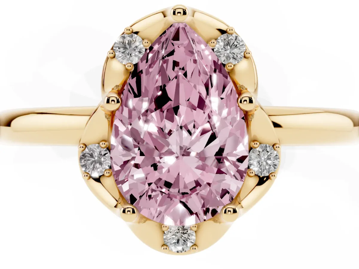 Fancy Pink Pear Cut Halo Diamond Ring with Round Cluster Setting, Solitaire Band, and Four-Prong Setting Yellow gold