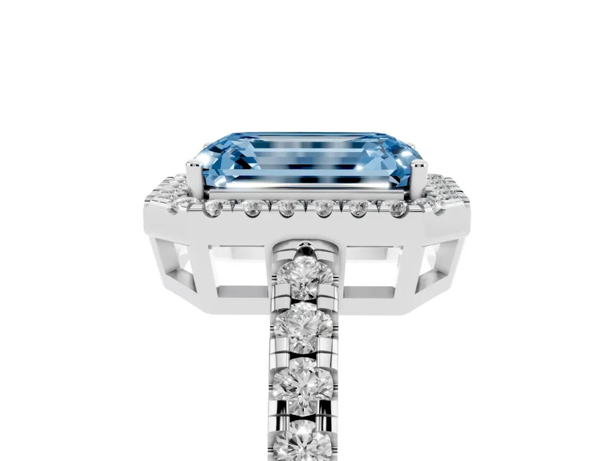 Fancy Blue Emerald Cut Diamond Halo Ring with Pavé Band and Four-Prong Setting White gold