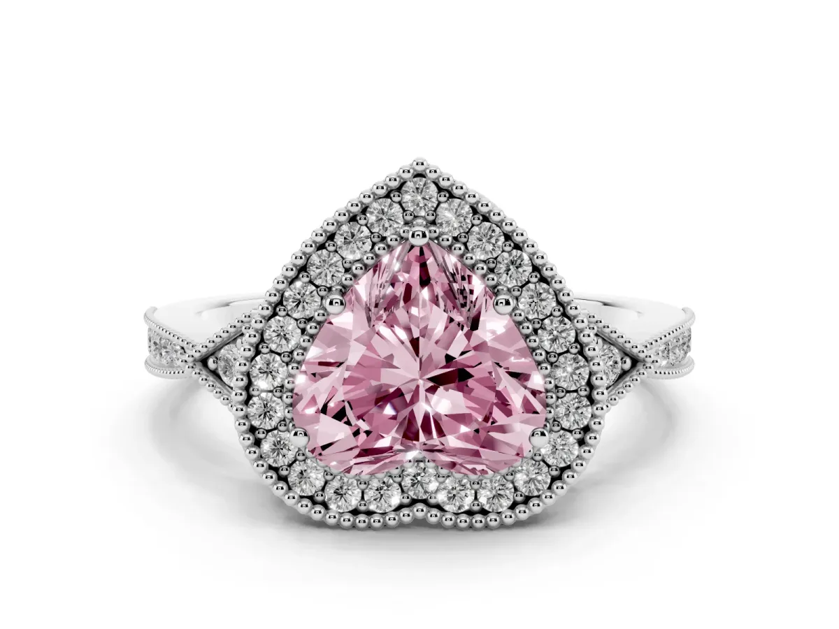 Fancy Pink Heart Cut Halo Round Diamond Milgrain Pave Engagement Ring Silver