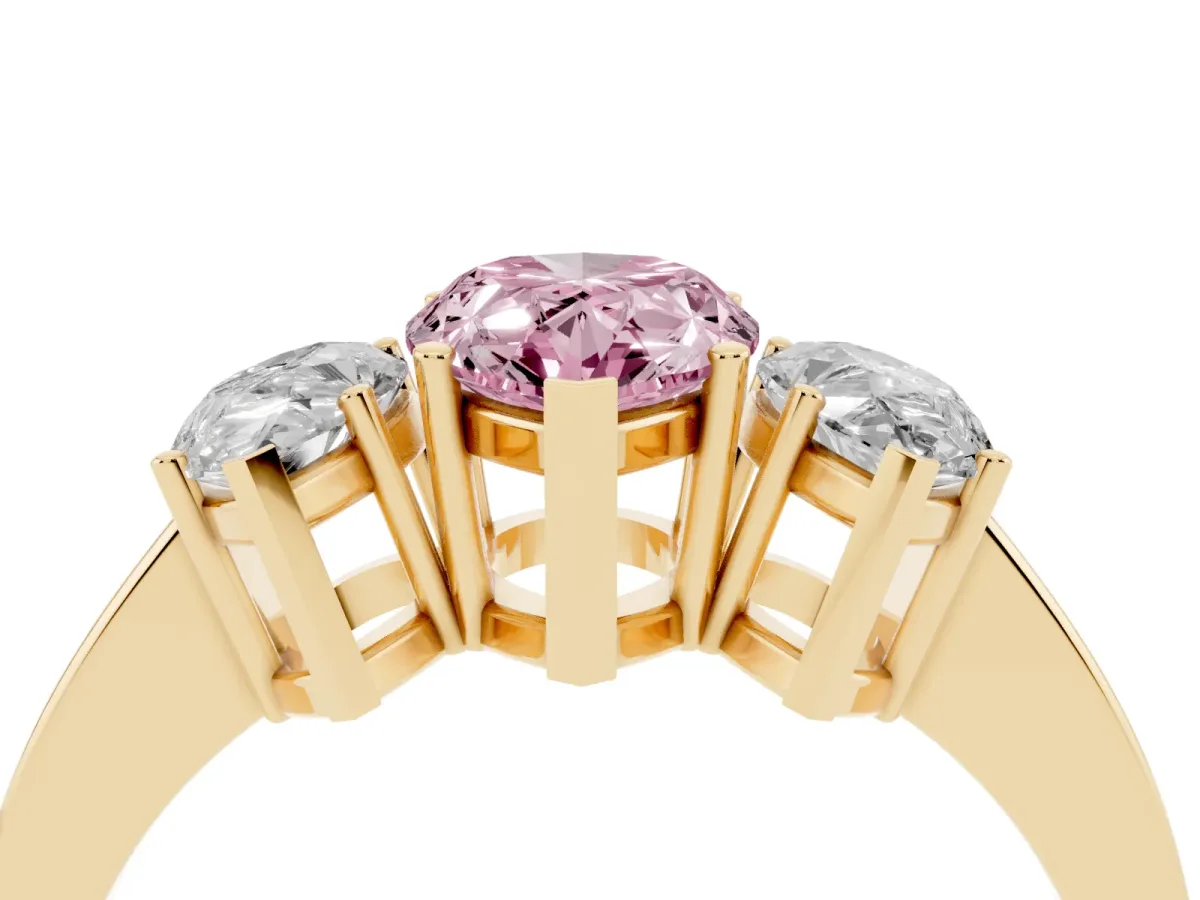 Fancy Pink Three-Stone Pear Cut Cut Diamond Engagement Ring with Flat Band and Four-Prong Setting Yellow gold