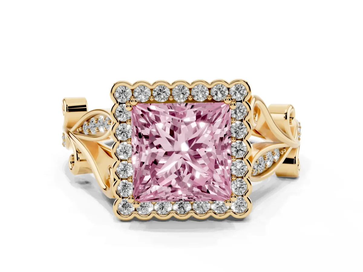 Fancy Pink Princess Cut Diamond Halo Ring with Vintage Split Shank and Four-Prong Setting Yellow gold