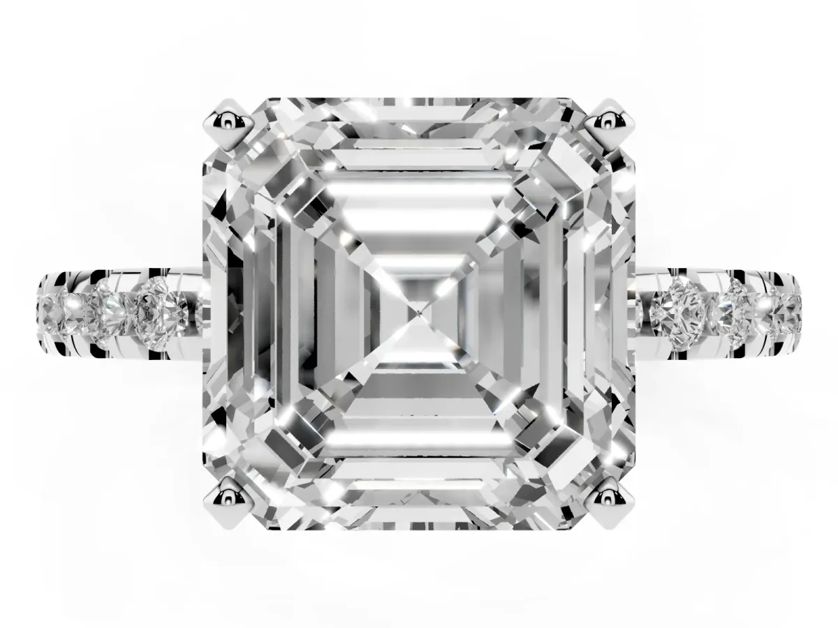 Asscher Cut Diamond Solitaire Ring with Round Pavé Band and Four-Prong Setting Silver