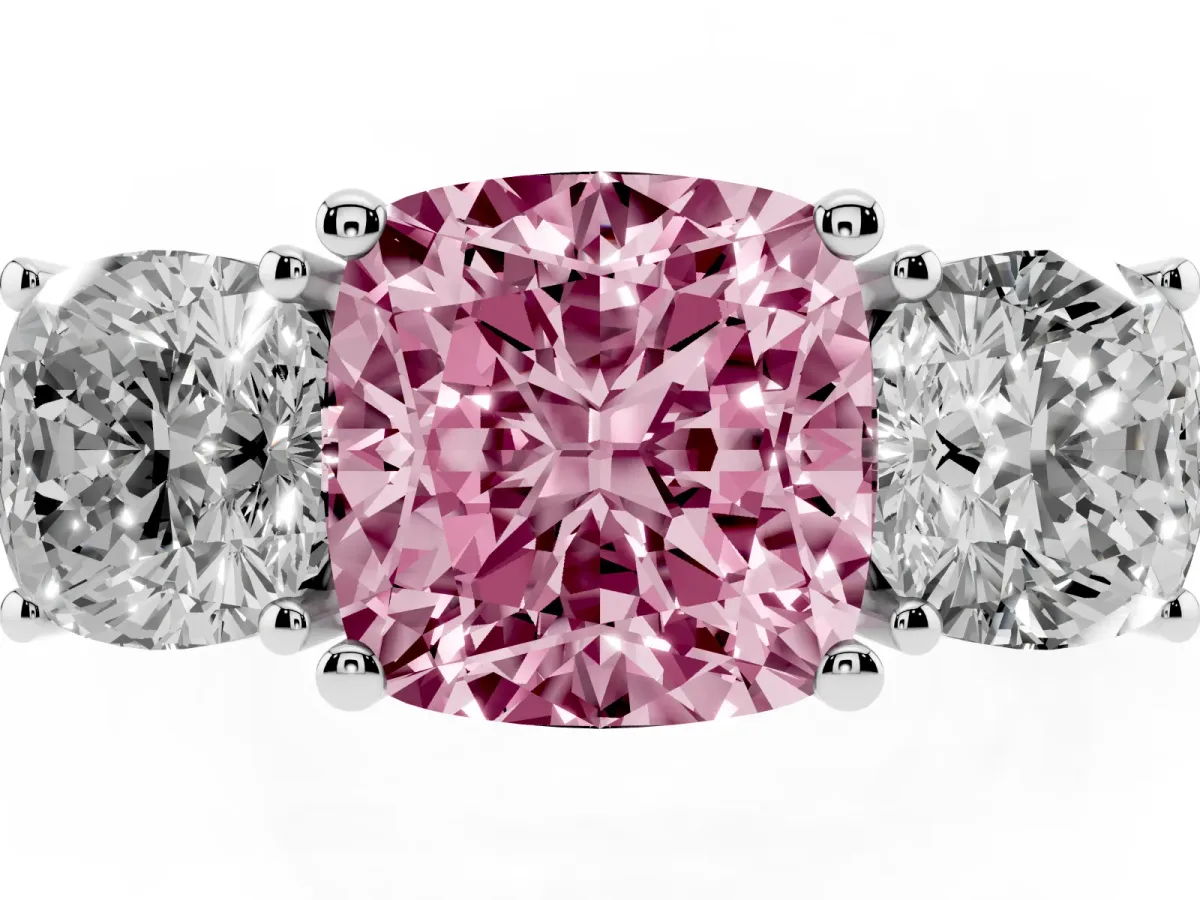 Fancy Pink Three-Stone Cushion Cut Cut Diamond Engagement Ring with Flat Band and Four-Prong Setting Silver