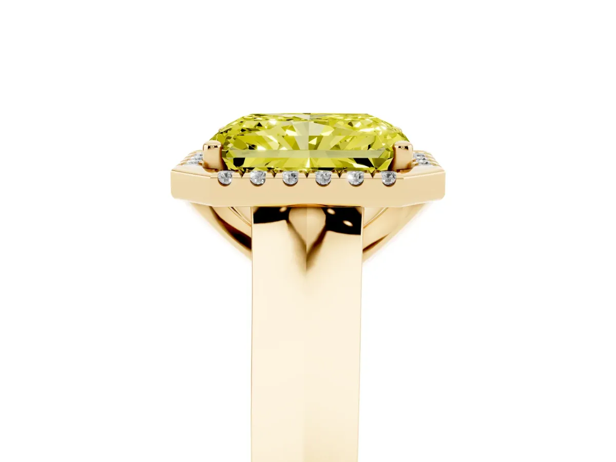 Fancy Yellow Radiant Cut Halo Diamond Ring with Cathedral Band and Four-Prong Setting Yellow gold