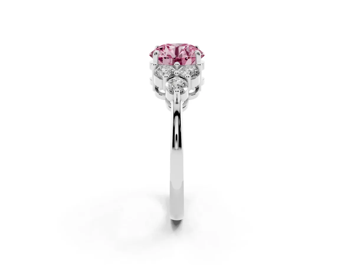 Fancy Pink Round Cut Brilliant Diamond Cluster Accent Solitaire Ring with Prong Setting White gold