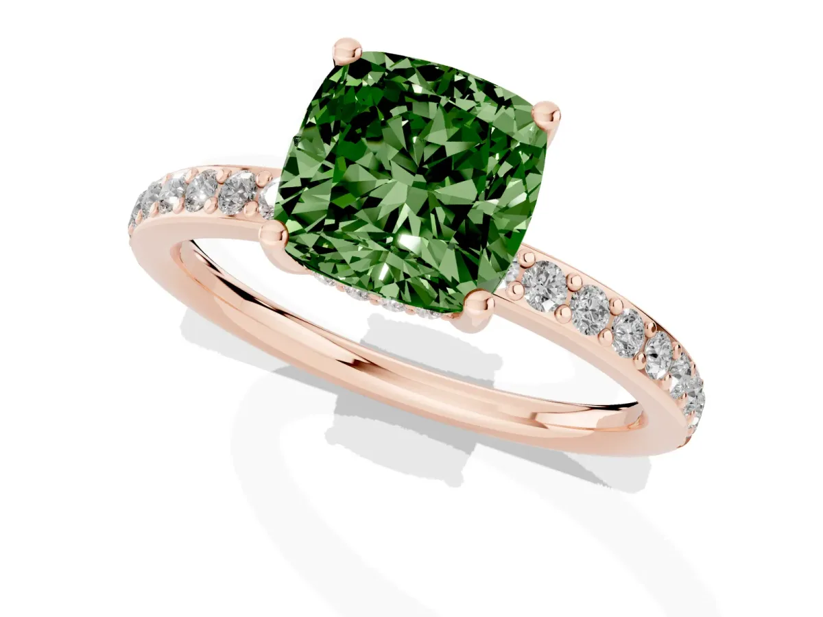 Fancy Green Cushion Cut Cut Diamond Pavé Band Ring with Four-Prong Setting Rose gold