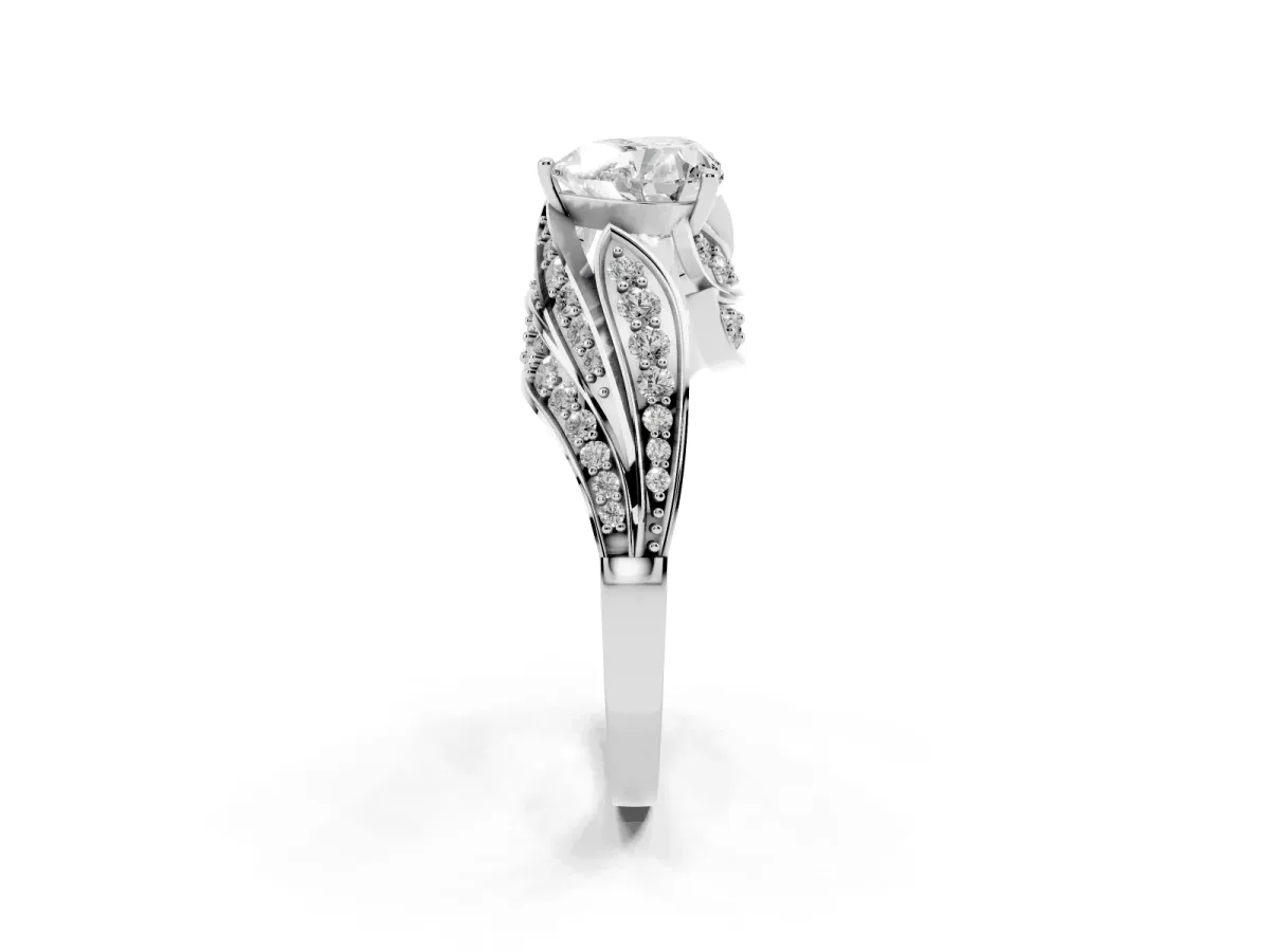 Heart Cut Diamond Solitaire Ring with Prong Setting and Twisted Pavé Band Silver