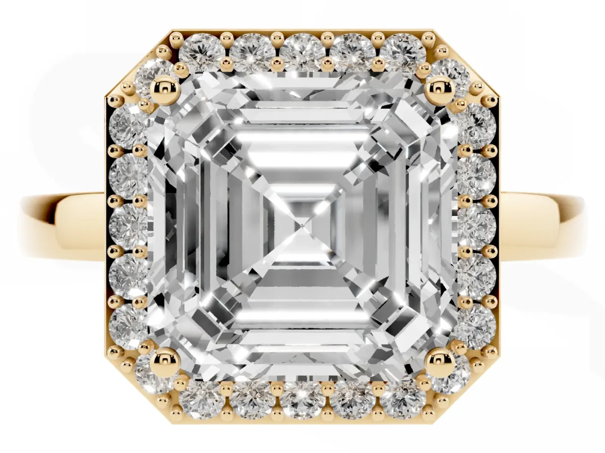 Asscher Cut Halo Diamond Ring with Solitaire Band and Prong Setting Yellow gold