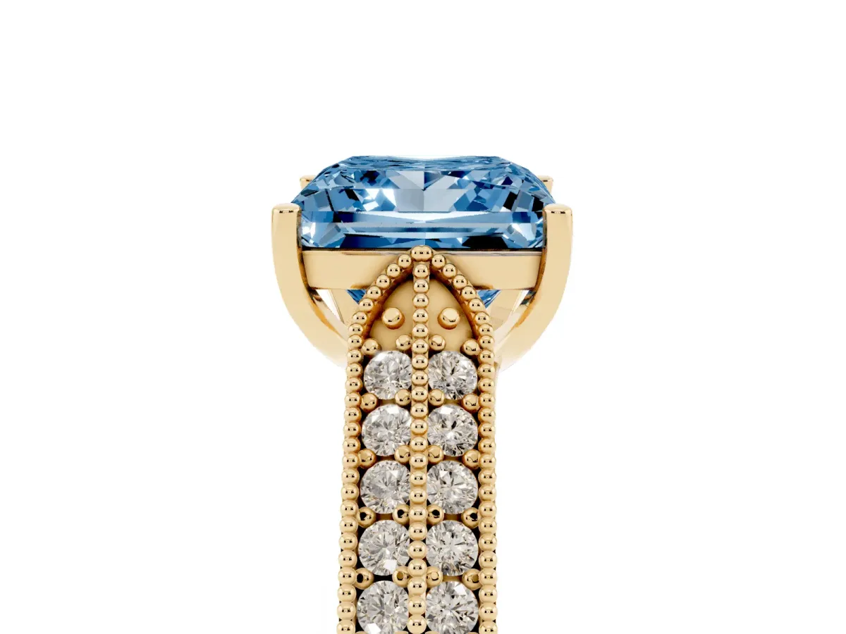 Fancy Blue Princess Cut Cut Pave Split Shank Engagement Ring with Four-Prong Setting Yellow gold