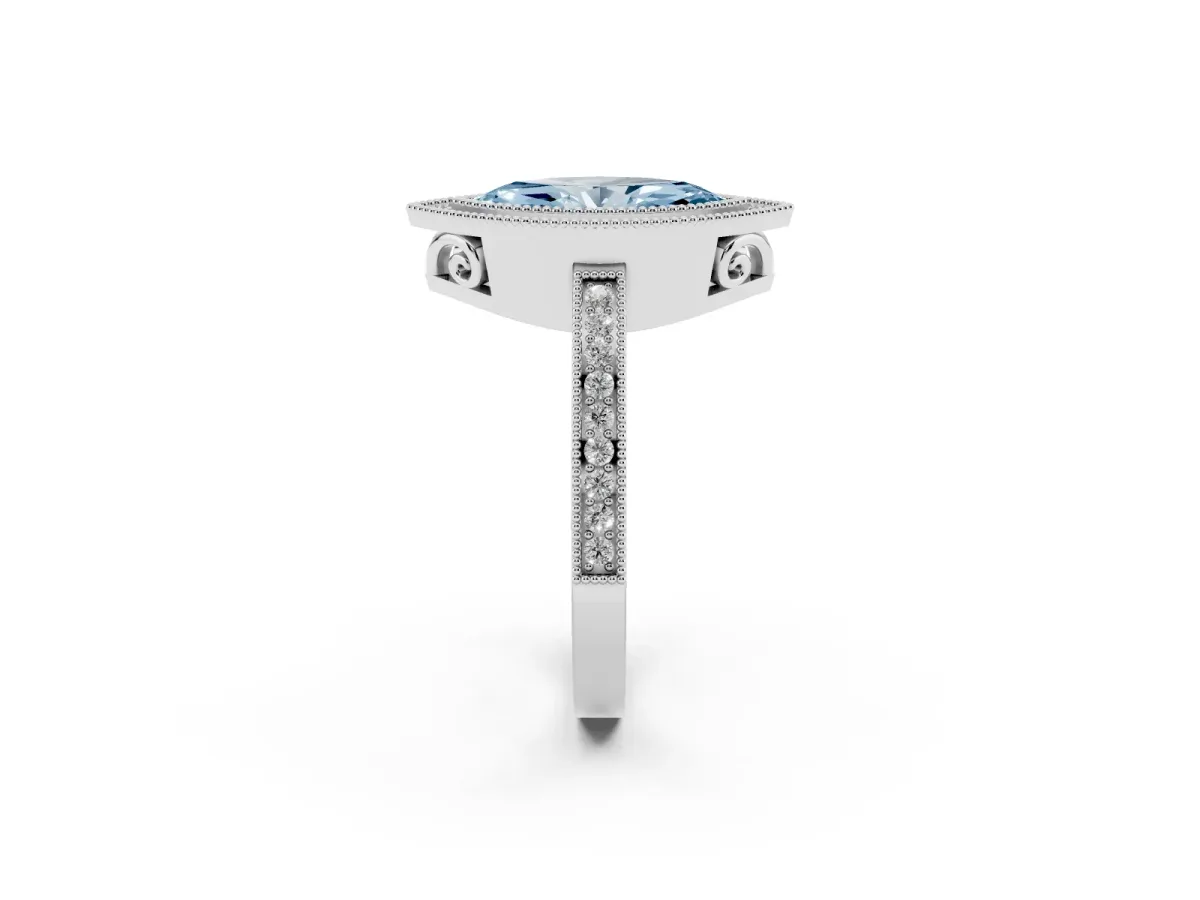 Fancy Blue Marquise Cut Cut Halo Diamond Ring with Pavé Band and Milgrain Prong Setting Platinum