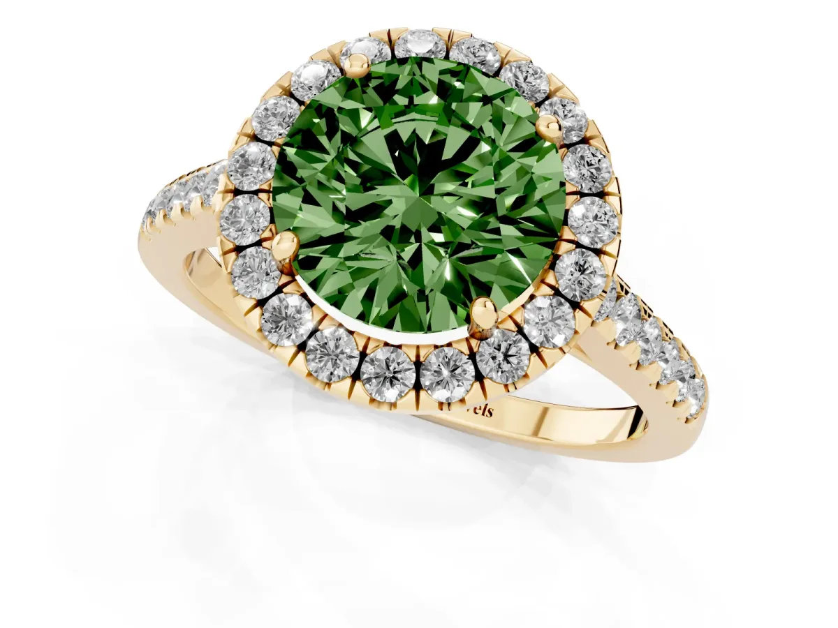 Fancy Green Round Cut Halo Pave Diamond Engagement Ring with Four-Prong Setting Yellow gold