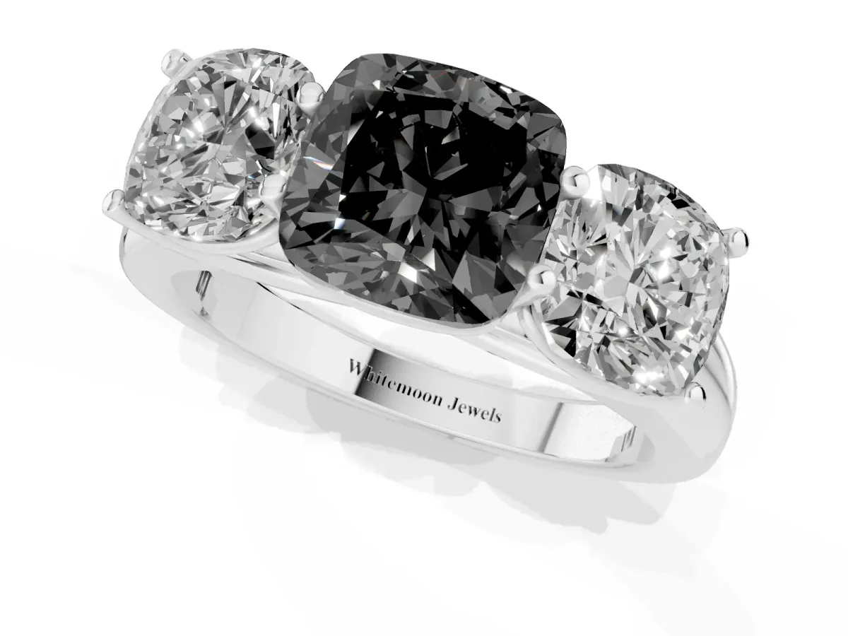 Fancy Black Cushion Cut Three-Stone Diamond Ring with Prong Setting on a Classic Band Platinum