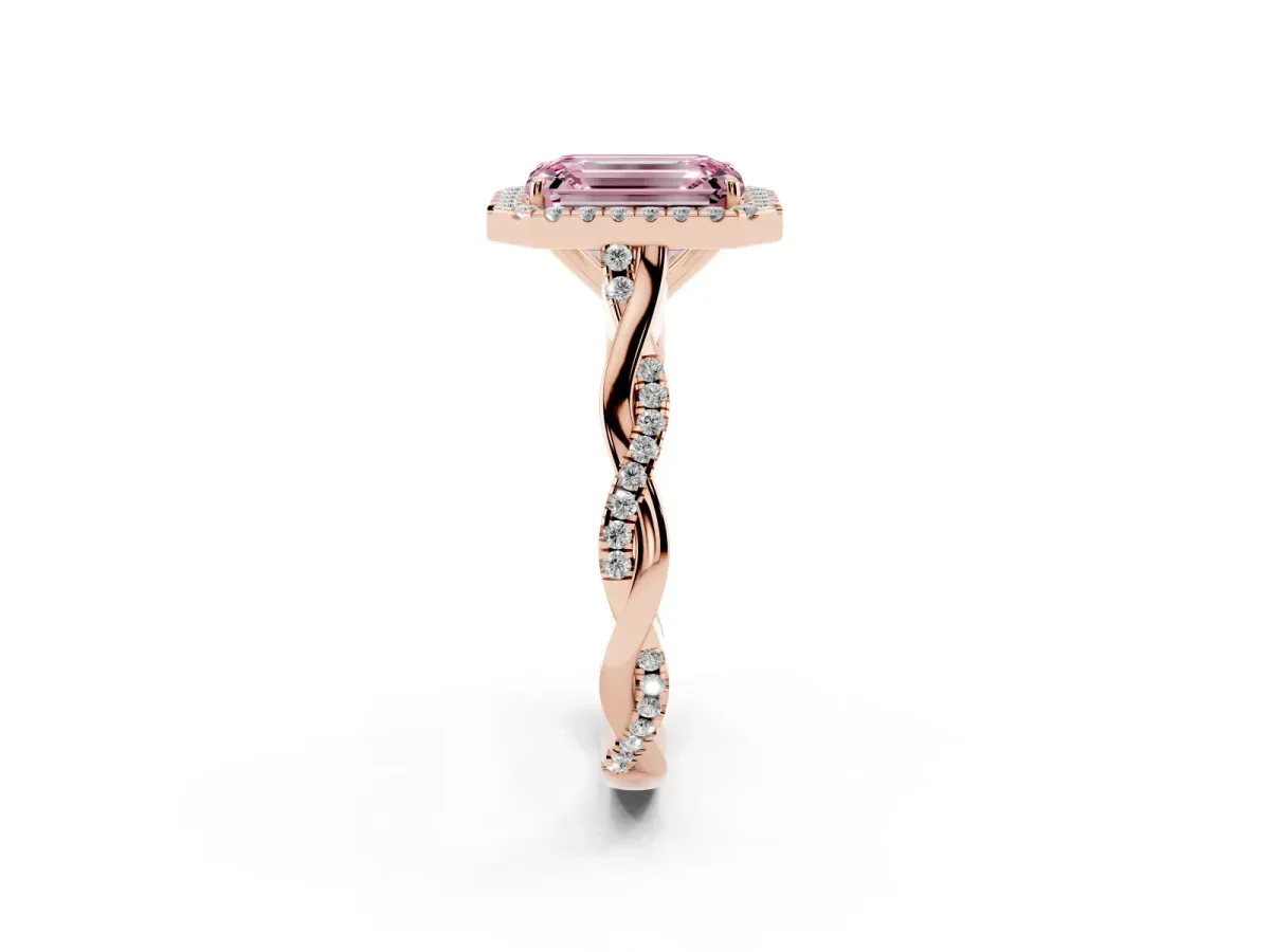 Fancy Pink Emerald Cut Halo Twist Band Solitaire Ring Rose gold